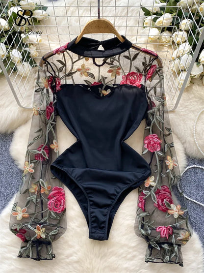 SINGREINY Vintage Embroidery Gauze Bodysuit for Women