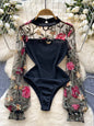 SINGREINY Vintage Embroidery Gauze Bodysuit for Women