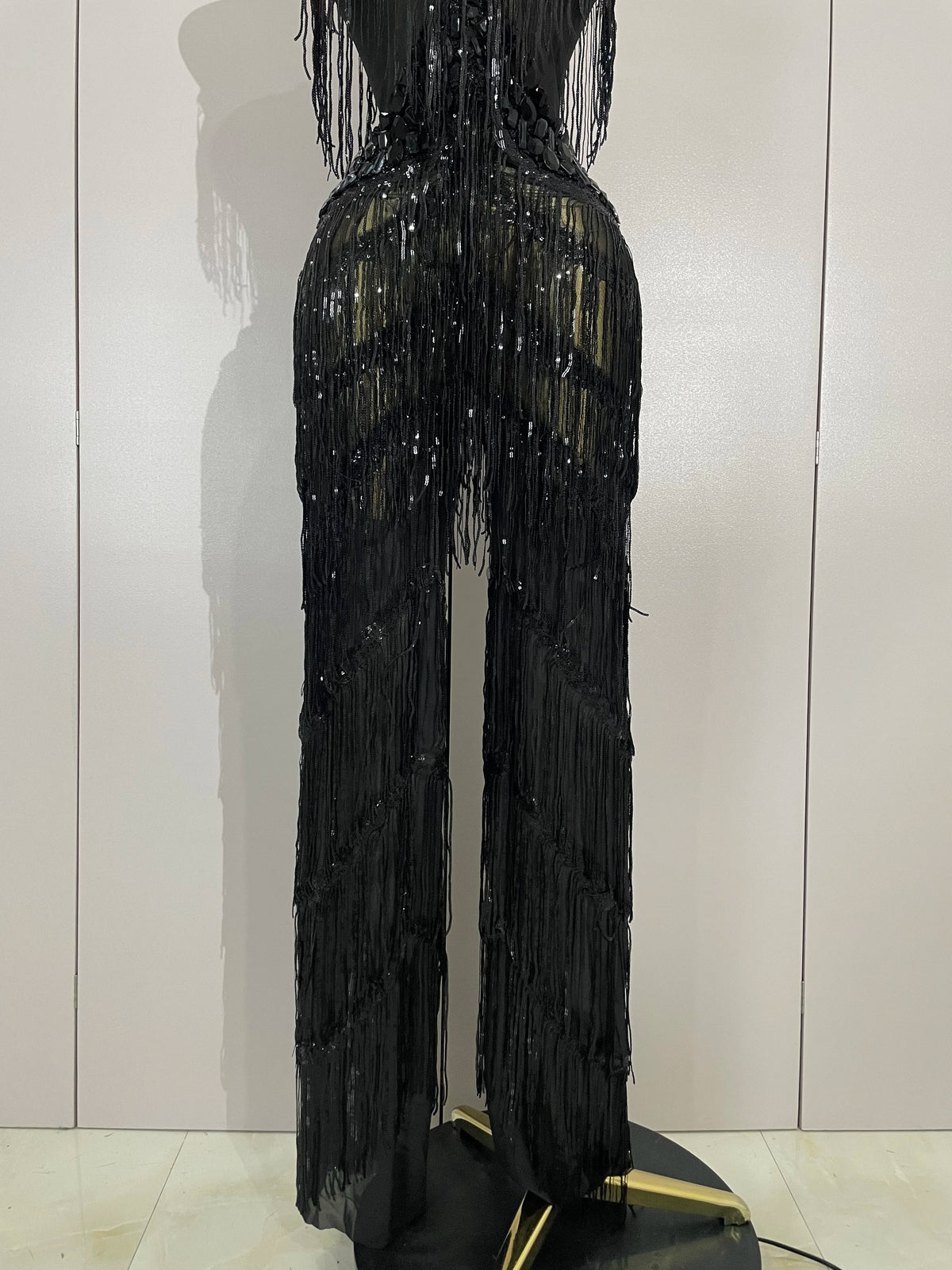 Sparkly Black Rhinestone Fringe Jumpsuit for Women