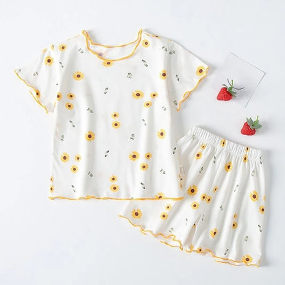Girl Summer Pajama Sets Cartoon Pattern Ice Silk