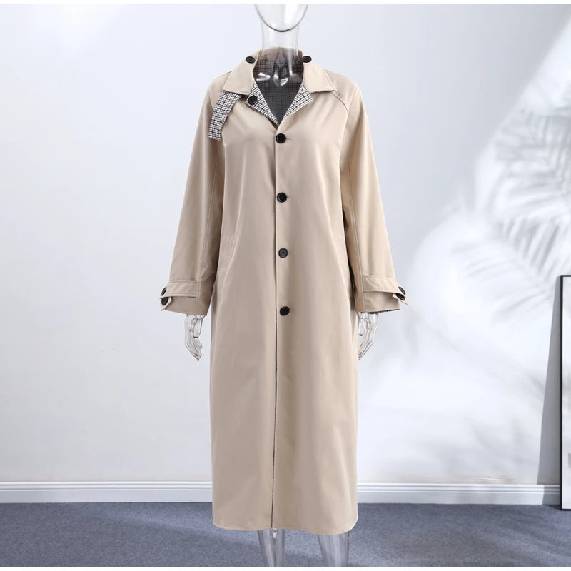 Double-Sided Long Trench Coat for Women with Pockets
