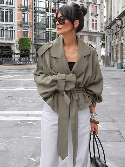 Lapel Lace Up Trench Coat Women Casual Long Sleeve