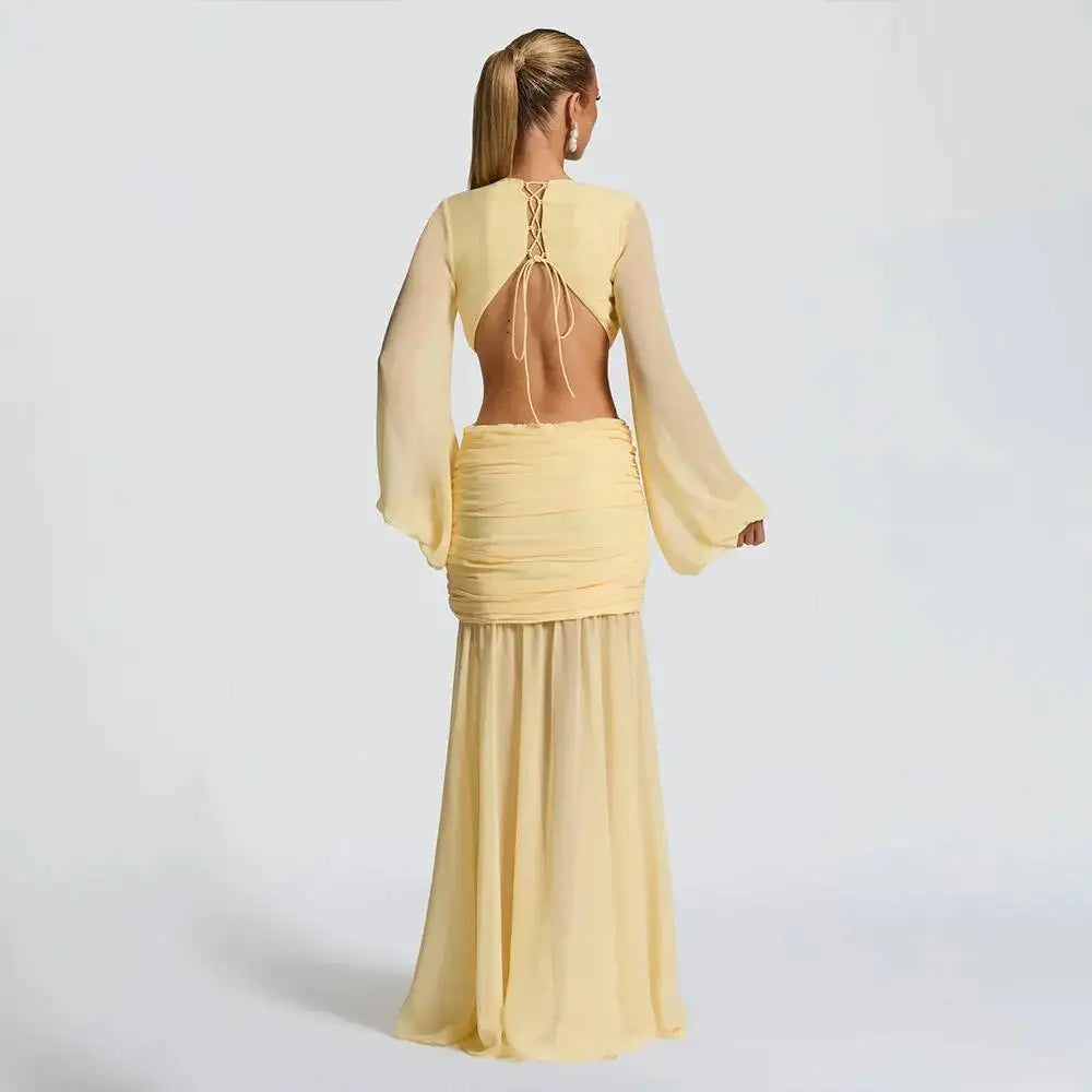 Deep V Hollow Backless Chiffon Maxi Party Dress