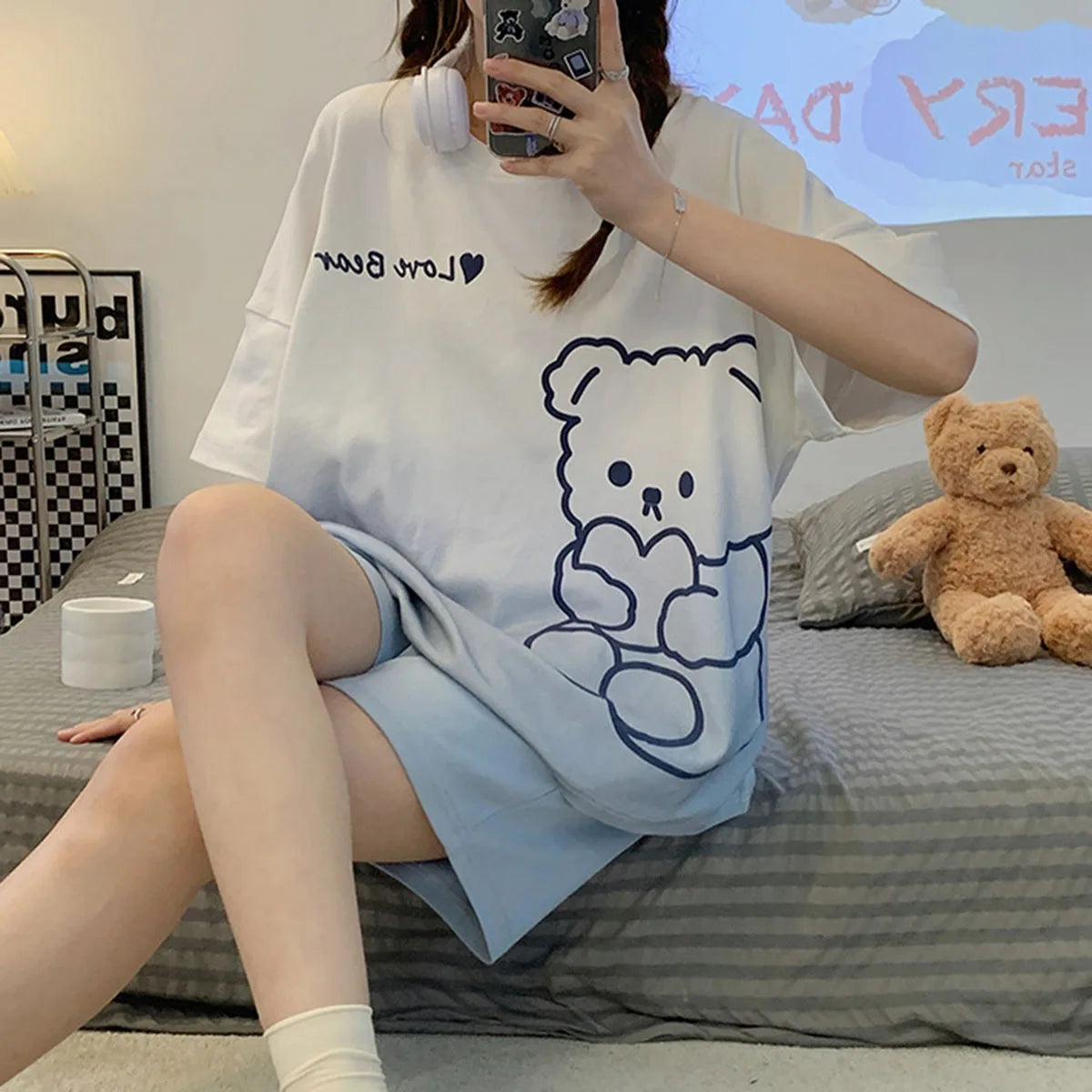 Women's Cartoon Bear Pajamas Set Summer Casual Sleepwear