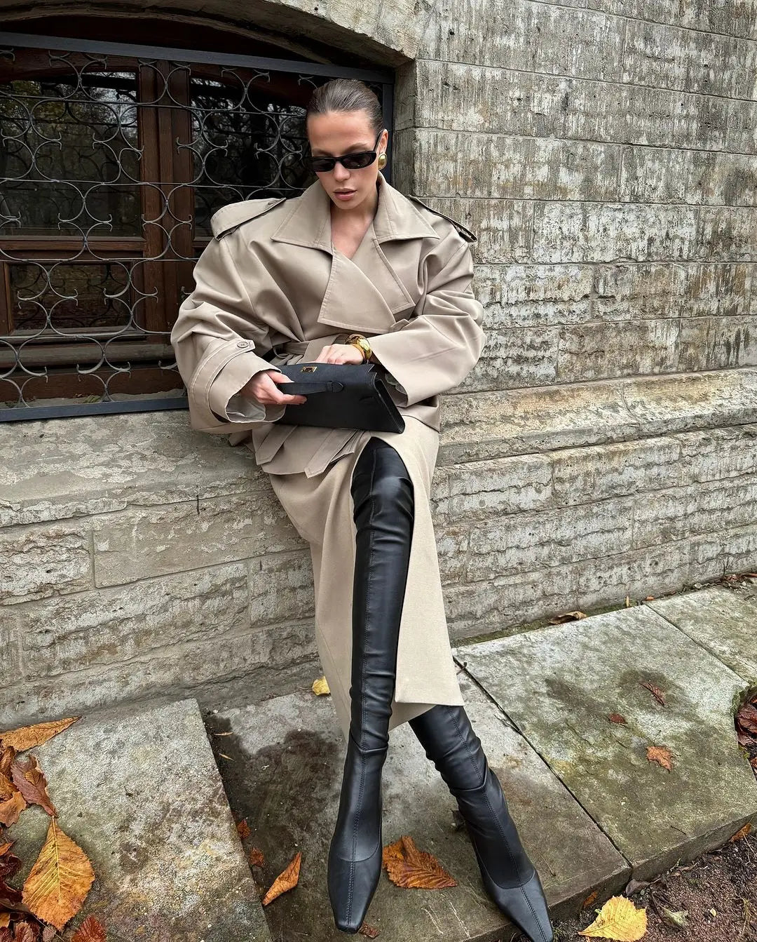 Lapel Lace Up Trench Coat Women Casual Long Sleeve