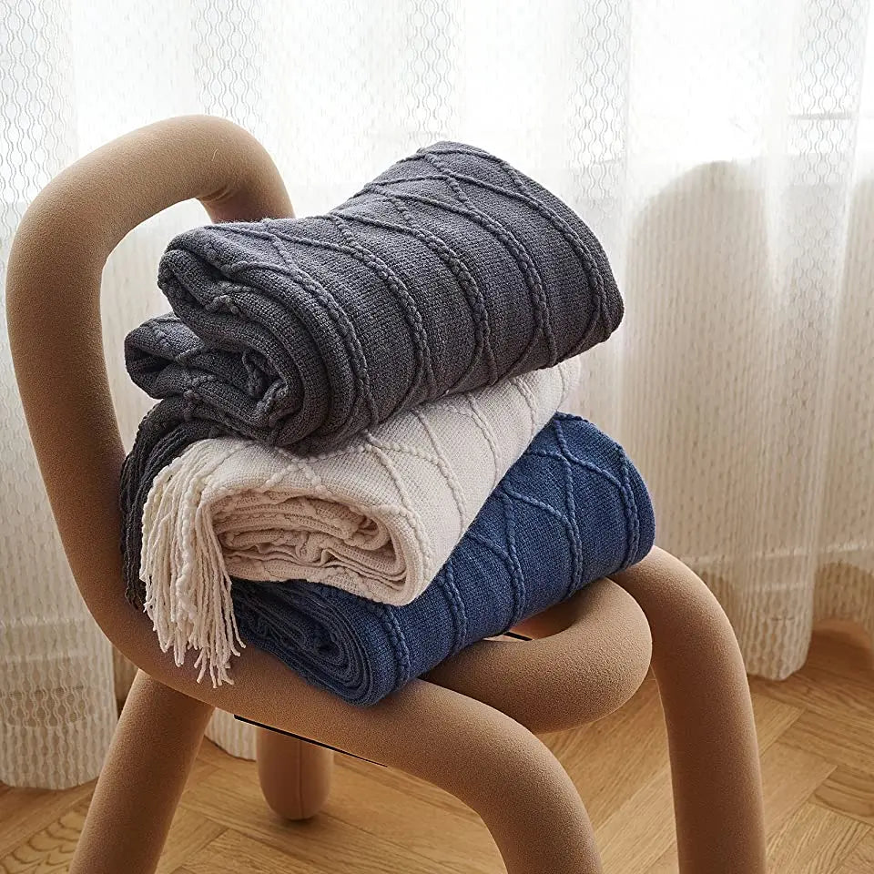 Khaki Knitted Acrylic Blanket with Tassels