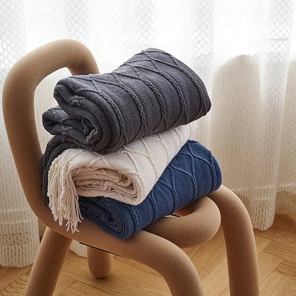 Khaki Knitted Acrylic Blanket with Tassels