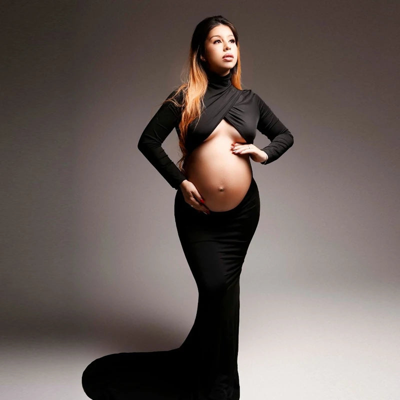 Maternity Maxi Gown Turtleneck Bodycon Dress