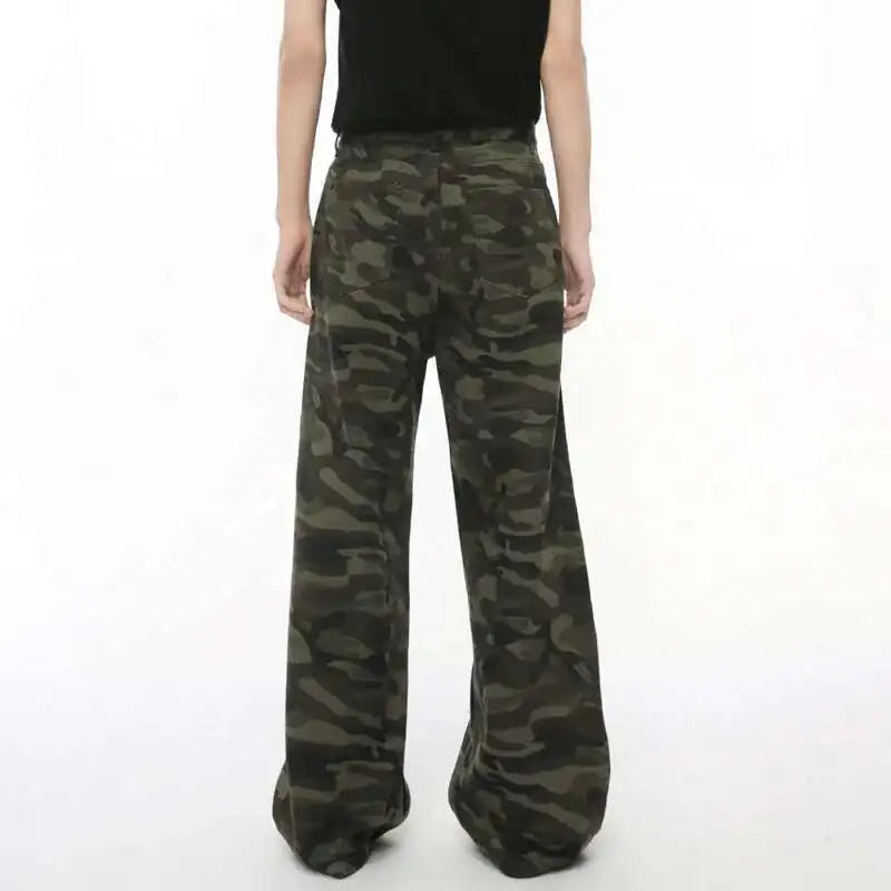 IEFB Vintage Camouflage Men's Loose Denim Jeans Old Blue