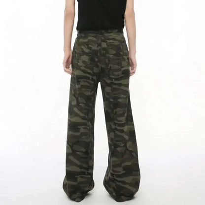 IEFB Vintage Camouflage Men's Loose Denim Jeans Old Blue