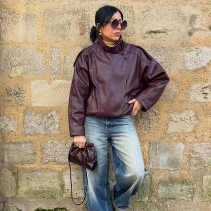 Faux Leather Oversize Bomber Jacket for Women