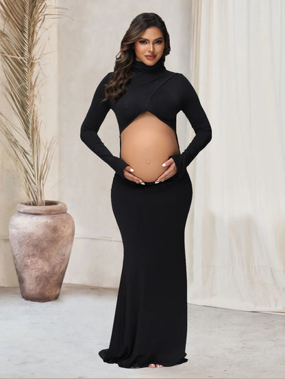Maternity Maxi Gown Turtleneck Bodycon Dress