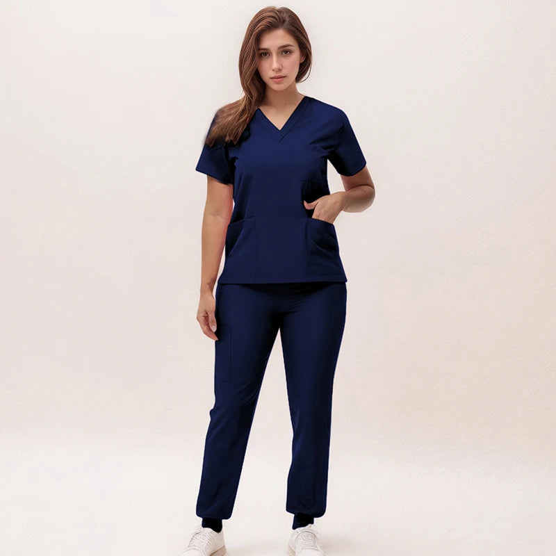 Stretchy V-Neck Nurse Scrub Set Jogger Pants