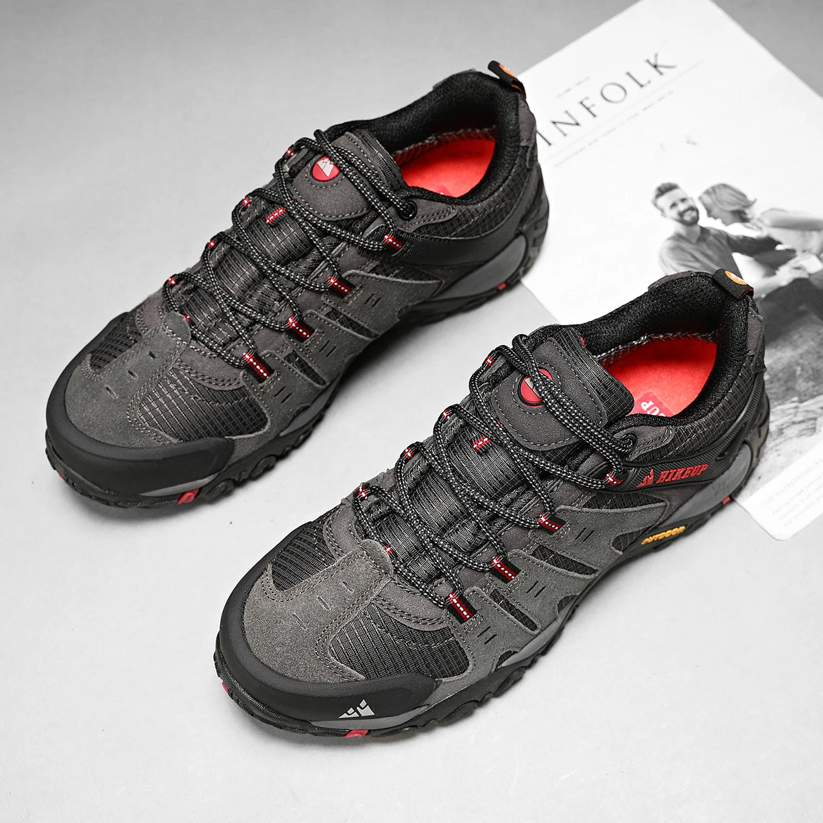 HIKEUP Men's Suede Leather Hiking Shoes Black Gray Khaki