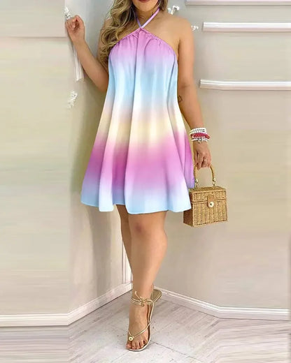 Tropical Leaf Print Halter Neck Mini Dress