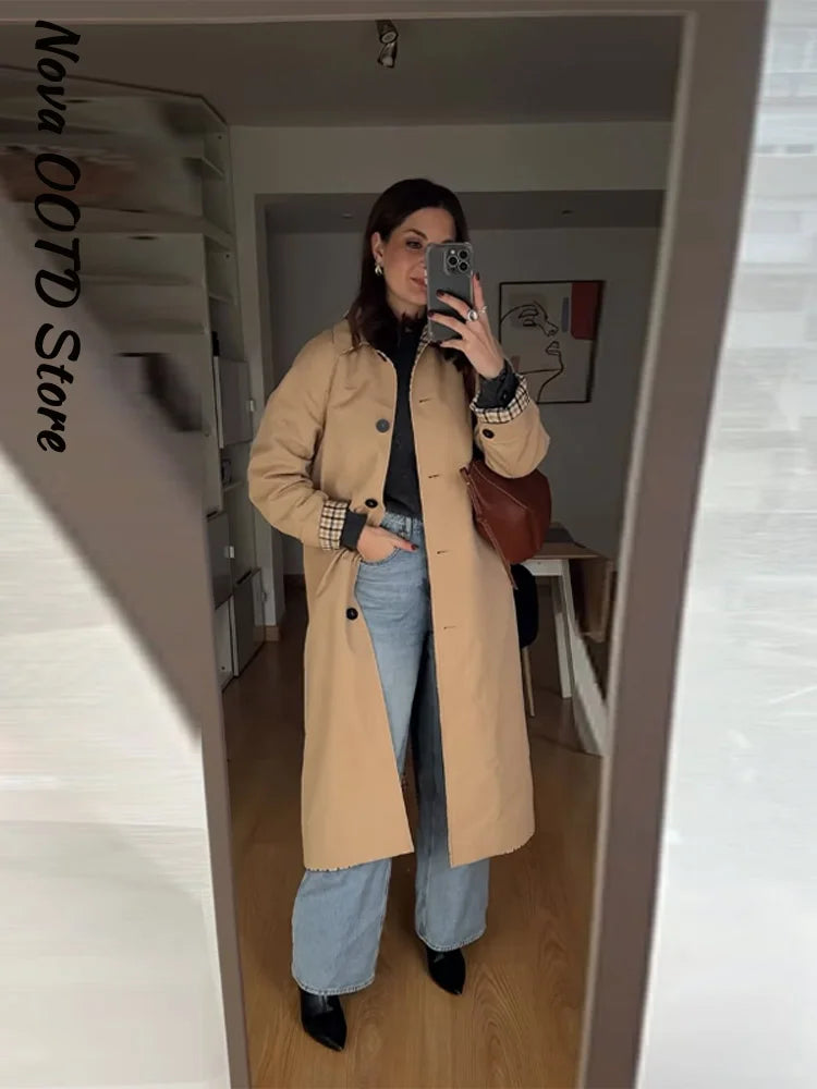 Reversible Plaid Long Trench Coat Women Single Breasted