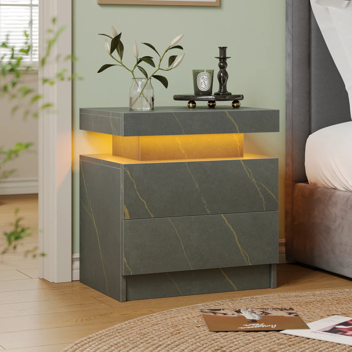 Cubehom White LED Nightstand with 2 Drawers