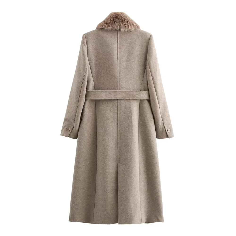 Women's Long Polyester Coat with Fur Collar and Pockets