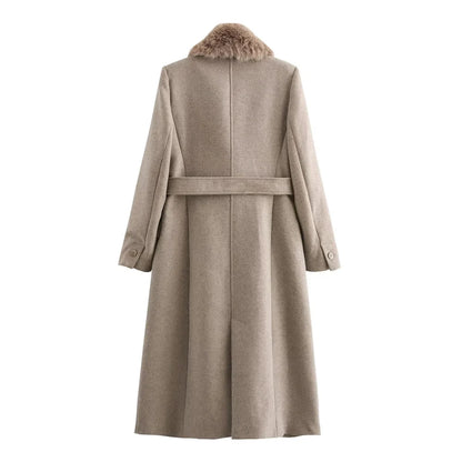 Women's Long Polyester Coat with Fur Collar and Pockets