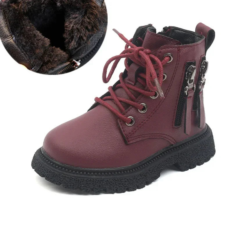 Burgundy PU Leather Ankle Boots for Kids