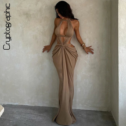 Khaki Halter Cut-Out Maxi Dress for Elegant Parties