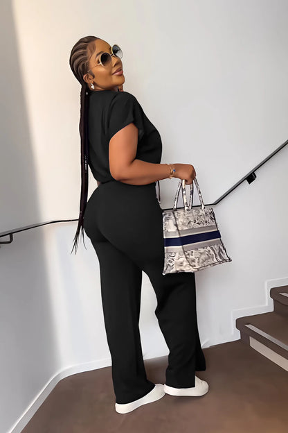 Women Casual Short Sleeve Drawstring Top and High Waist Pants Set