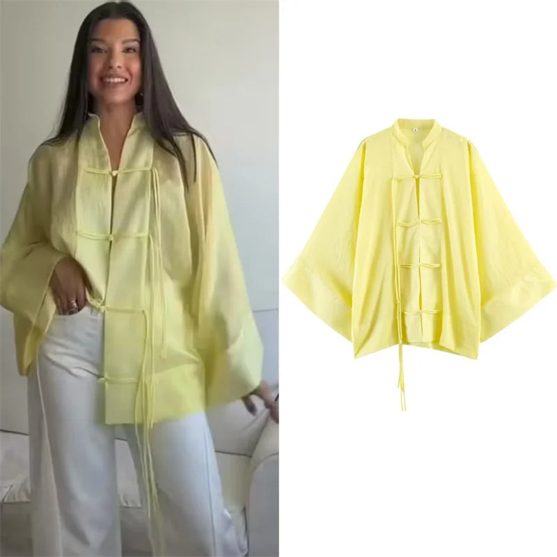 Women's Yellow Long Sleeve Shirt with Knot Decoration