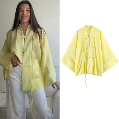 Women's Yellow Long Sleeve Shirt with Knot Decoration
