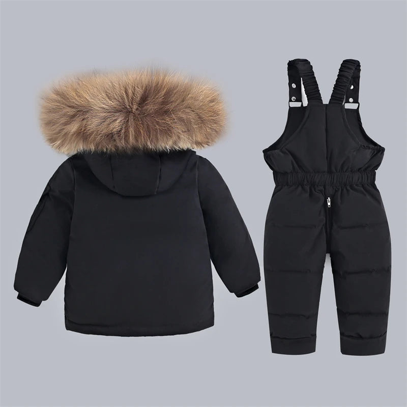 Children's Winter Down Jacket and Jumpsuit Set with Fur Collar