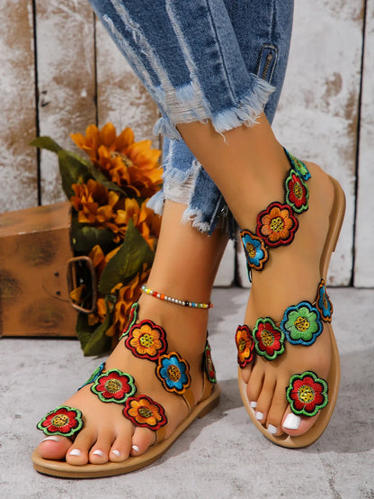 Yellow Faux Flower Embroidered Flat Sandals Size 43