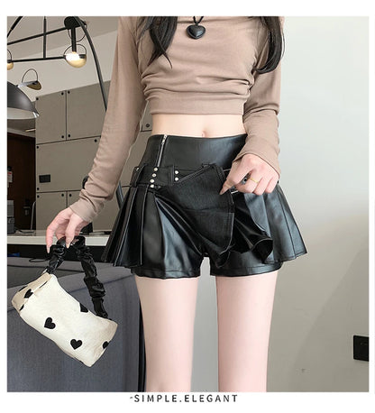Black Pleated Leather A-line Skirt for Women