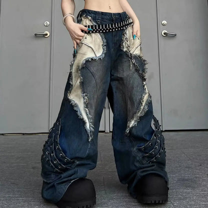 Vintage Distressed Wide Leg Cargo Jeans for Women