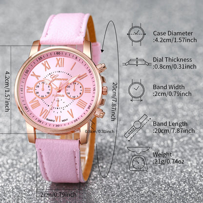 Fashion Women's Quartz Watch Leather Band Jewelry Set