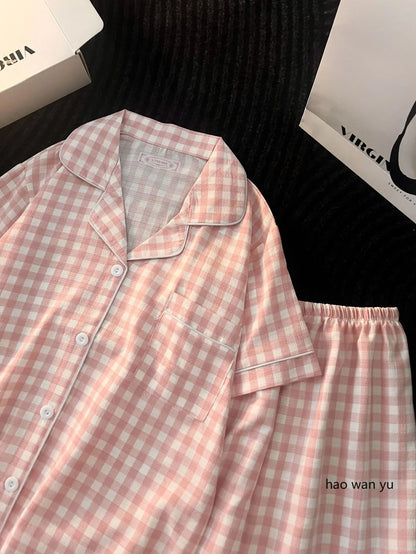 Japanese Minimalist Women's Pink Plaid Pajamas