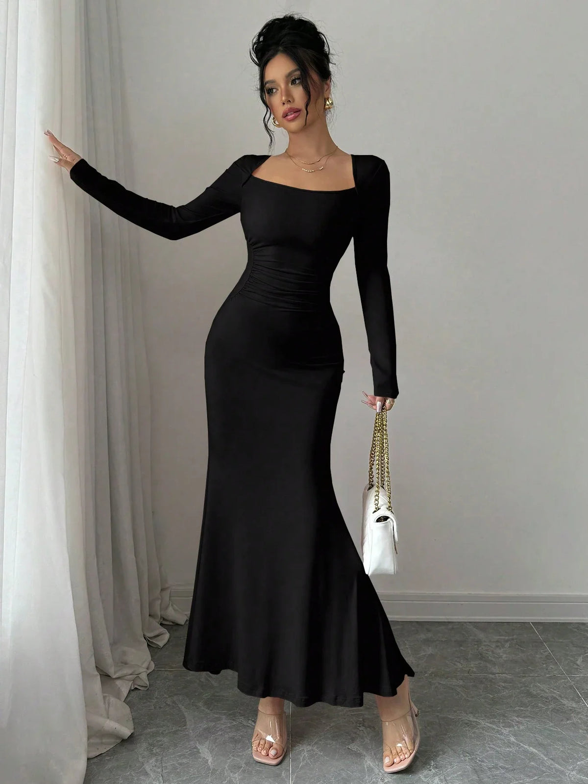 Elegant Retro Solid Color Square Collar Long Sleeve Dress