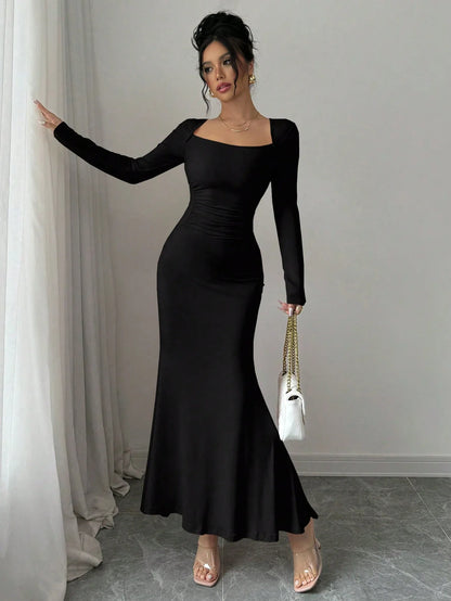Elegant Retro Solid Color Square Collar Long Sleeve Dress