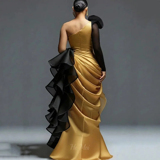 Vintage One Shoulder Prom Dress Contrast Color Split Evening Gown