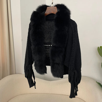 Knitted Cardigan Coat for Women with Real Fox Fur