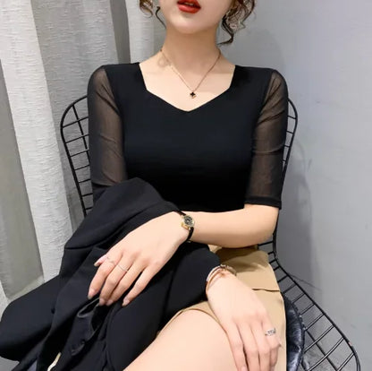 Women Slim Fit Long Sleeve Mesh T-Shirt