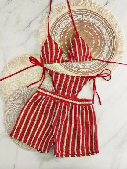 Mesh Three-Piece Women's Swimsuit with Lace-Up Detail