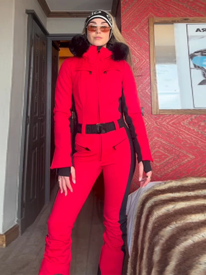 Casual Fur-Trimmed Hooded Ski Suit Women Warm Jumpsuit