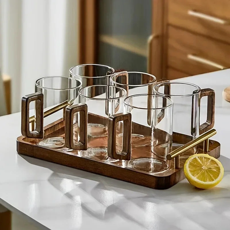 400ml Glass Cups with Walnut Handle for Tea