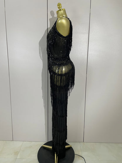 Sparkly Black Rhinestone Fringe Jumpsuit for Women