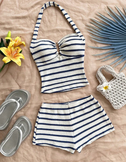 Summer Knit Halter Top and Shorts Set with Stripes