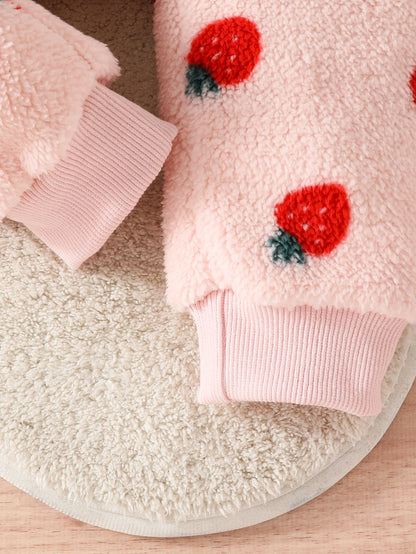 Winter Baby Girl Hooded Romper with Strawberry Print