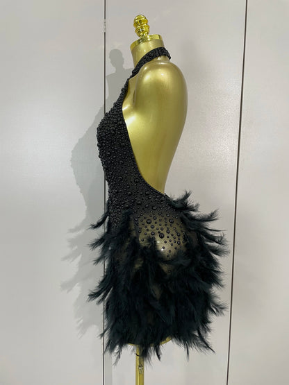 Luxury Rhinestones Pearls Feathers Halter Backless Dress