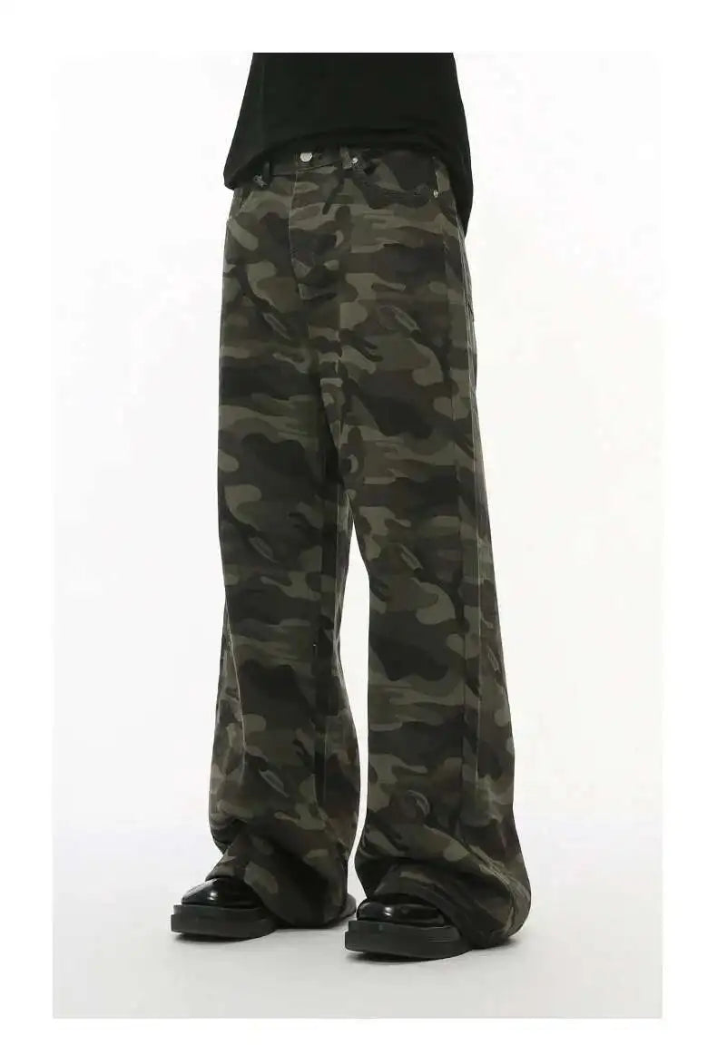 IEFB Vintage Camouflage Men's Loose Denim Jeans Old Blue