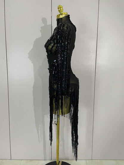 Sparkly Rhinestones One Shoulder See-Through Dress