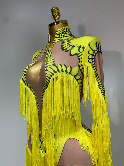 Yellow Polyester Bodycon Jumpsuit with Tassels