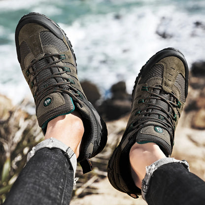 HIKEUP Men's Suede Leather Hiking Shoes Black Gray Khaki